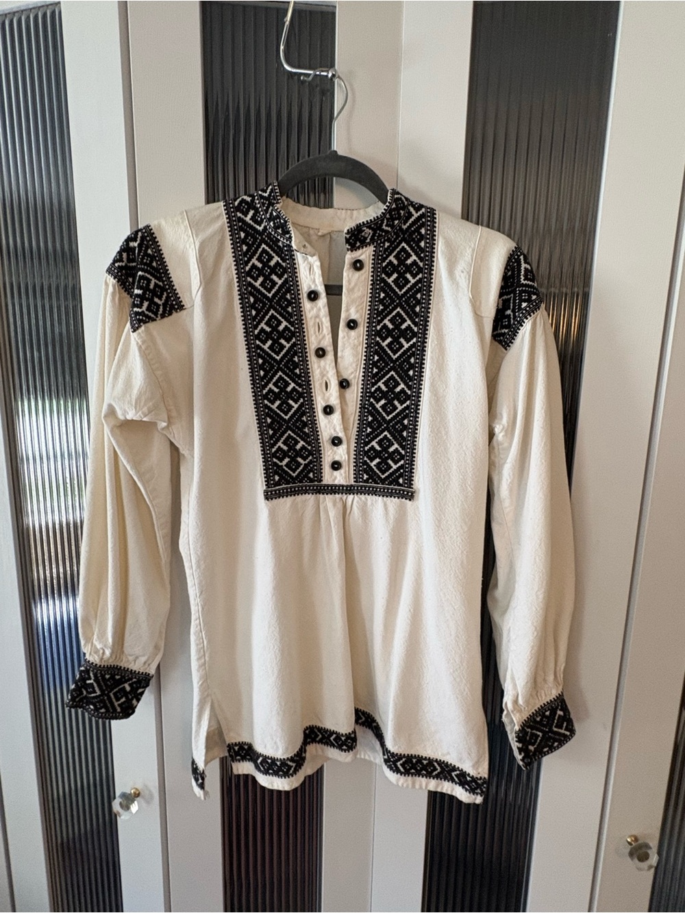 Embroidered Boho Tunic - Cream with Black Geometric Trim